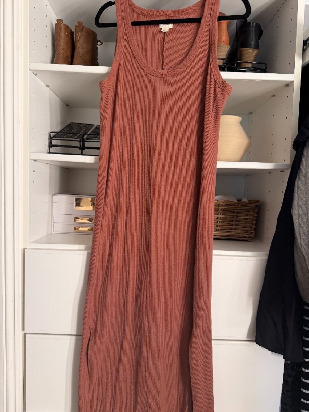 UpWest Rust Terracotta Ribbed Scoop Neck Tank Maxi Dress, Slits, Size L